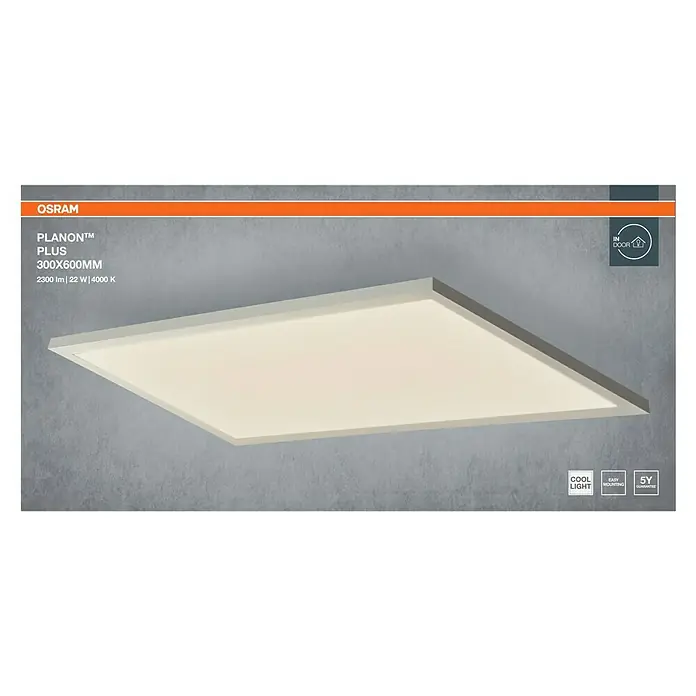 Ledvance Panel LED Planon Plus - 22 W, 60 x 30 cm, Plateado, Blanco, Blanco frío - Imagen de producto de una lámpara de techo LED OSRAM PLANON™ PLUS (300x600mm) con luz blanca neutra y una larga vida útil, ideal para interiores.