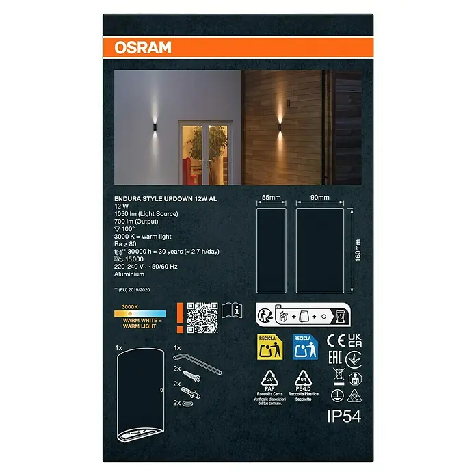 Ledvance Aplique exterior LED Endura UpDown - 11,5 W, 5,5 x 9 x 16 cm, Antracita, IP44 - Imagen del producto Osram Endura Style Updown 12W AL con detalles técnicos e información de accesorios.