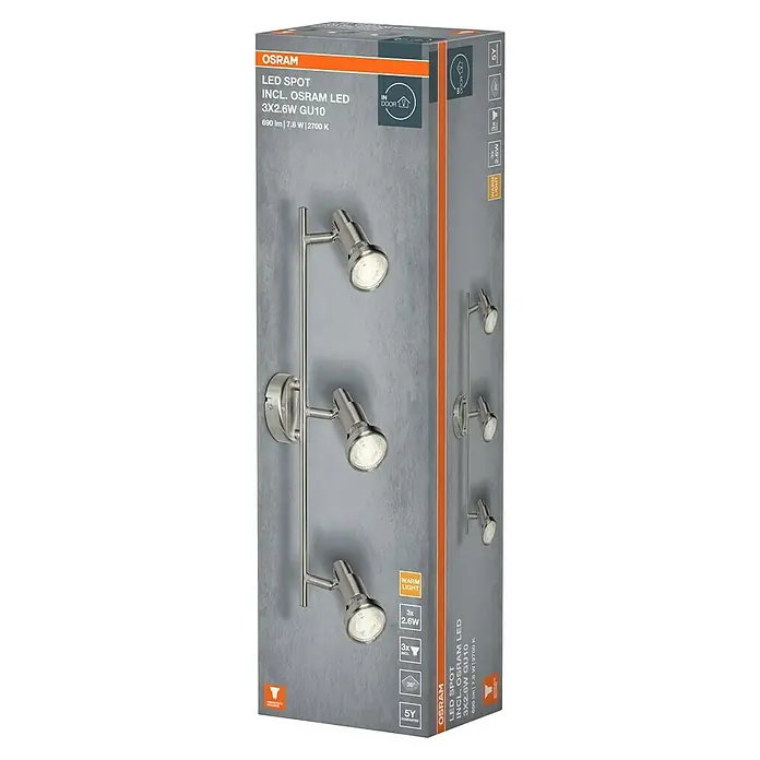 Osram LED-Deckenstrahler - 7,8 W, L x B x H: 465 x 80 x 146 mm, Nickel matt, Warmweiß, 3 Stk. - Produktverpackung eines OSRAM LED Spots mit drei Leuchten, inklusive LED, 3x2.6W GU10, 690 lm, 7.8 W und 2700 K Farbtemperatur.