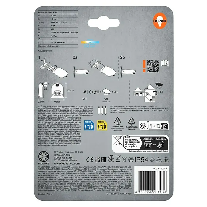 Ledvance LED-Türlicht Down - Weiß, Batteriebetrieben, 102,5 x 92,4 x 36,5 mm - Bild einer LEDVANCE DOORLED DOWN WT Leuchte, die wasserdicht und batteriebetrieben ist, mit Montageanleitung.