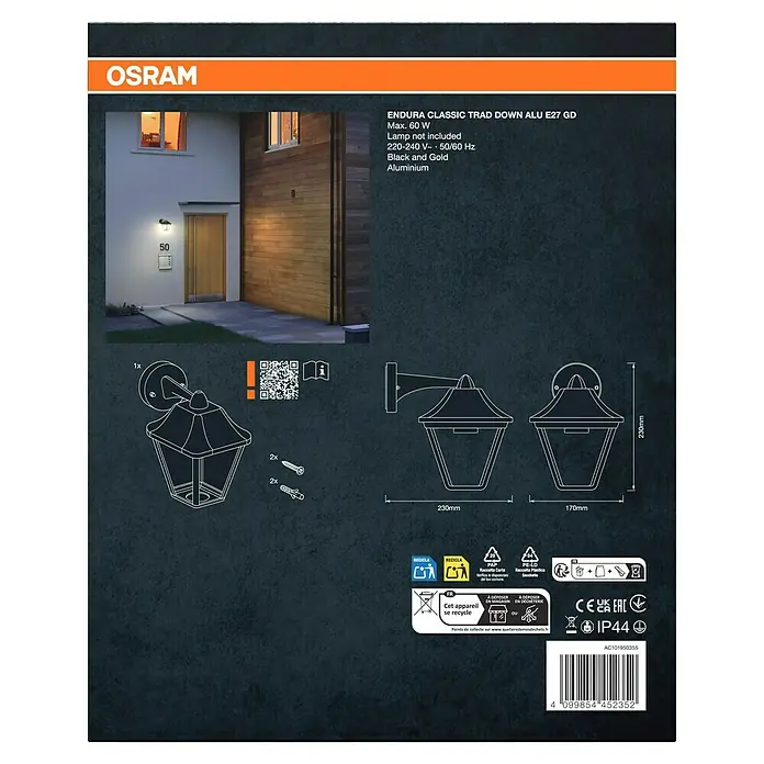Osram Endura Classic Außenwandleuchte Tradition - Hängend, 23 x 17 x 23 cm, Schwarz, IP44 - Produktverpackung für die Osram Endura Classic Trad Down Wandleuchte aus Aluminium in Schwarz und Gold, E27 Fassung.