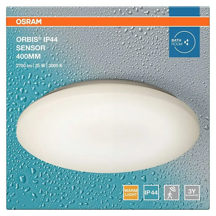 Osram LED-Sensor-Deckenleuchte rund Silara - 22 W, Ø x H: 40 x 8,8 cm, Warmweiß, Bad - Abbildung einer Osram ORBIS® IP44 Sensorleuchte mit 400mm Durchmesser, ideal für Badezimmer, mit warmweissem Licht und 3 Jahren Garantie.