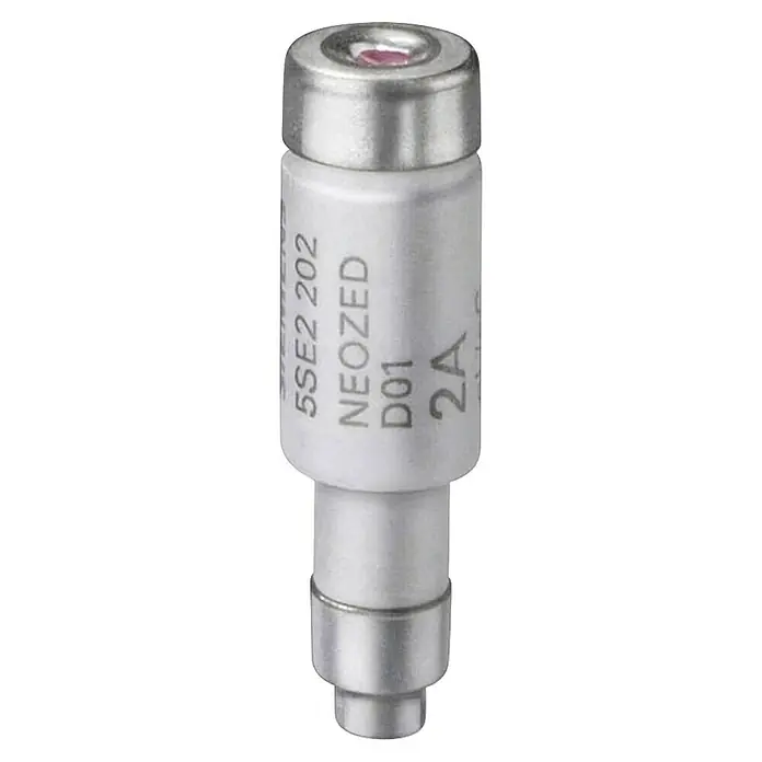 Siemens Neozed-Sicherung Sentron 5SE2350 - 50 A, 400 V, Größe: D02, 10 Stk. - Eine Nahaufnahme einer 2A Siemens NEOZED Sicherung mit Metallelementen und einem roten Punkt zur Anzeige der Funktionsfähigkeit.