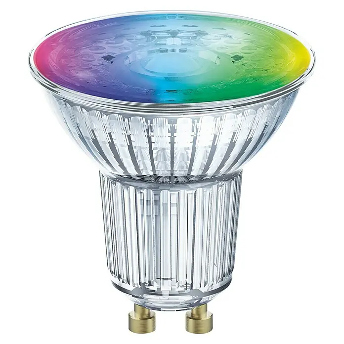 Osram Smart+ Smart-LED-Lampe matter - GU10, Dimmbar, RGBW, 350 lm, 4,7 W, 3 Stk. - Ein LED-Spot mit verschiedenen Farben im oberen Bereich und einem durchsichtigen, geriffelten Gehäuse für stimmungsvolle Beleuchtung.