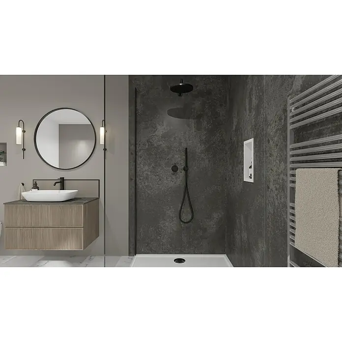 Wetwall Wandpaneel Elite - 16 x 242 cm, Magma, Abgerundete Kante - Badezimmer-Interieur mit Waschtischunterschrank, rundem Spiegel, Dusche mit schwarzer Duschgarnitur und Handtuchwärmer für ein stilvolles Ambiente.