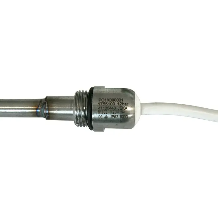 Szagato Heizstab - 300 W, Edelstahl - Nahaufnahme eines industriellen Drucksensors aus Edelstahl mit Kabelanschluss und aufgedruckten technischen Daten.