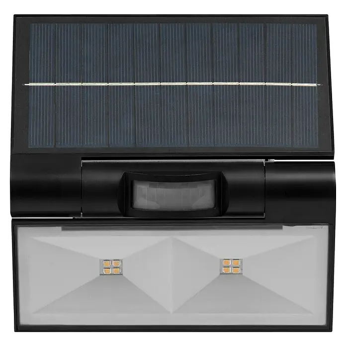 Osram Aplique solar para exterior Endura Flood - 2,9 W, L x An x Al: 16 x 11 x 17,2 cm, Gris, IP44, 380 lm, Color de luz: Blanco cálido - Primer plano de una lámpara solar exterior con sensor de movimiento y luces LED, ideal para iluminar caminos y entradas.