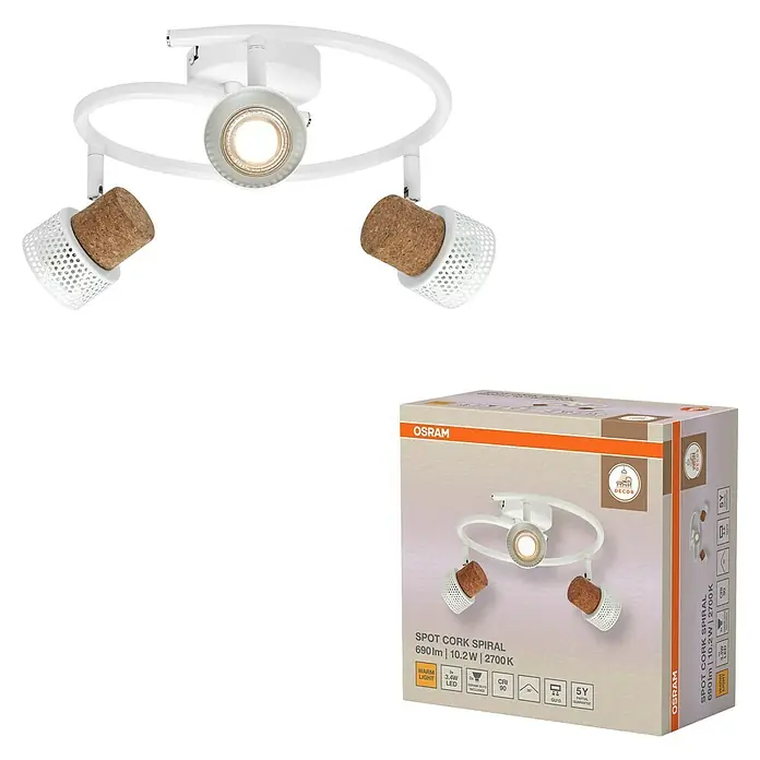 Osram Regleta Cork - 10,2 W, L x An x Al: 31,8 x 29,3 x 13,6 cm, Blanco, GU10 - Imagen de una lámpara OSRAM Spot Cork Spiral con detalles de corcho, elegantemente presentada en blanco.
