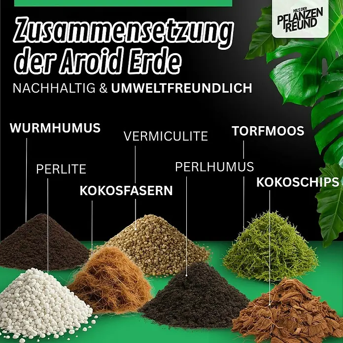 Pflanzensubstrat Araceaesubstrat - 5 l - Zusammensetzung der Aroid Erde: Nachhaltig und umweltfreundlich. Enthält Wurmhumus, Vermiculite, Torfmoos, Perlite, Perlhumus, Kokoschips und Kokosfasern.