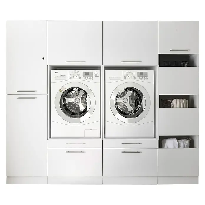 Respekta Waschmaschinenschrank Clara - L x B: 67,6 x 234,8 cm, Weiß, Mit zwei Waschmaschinenschränke, Wäscheschrank & Hochschrank - Einbau-Waschmaschine und Trockner in einem Waschraumschrank mit weißen Fronten und Edelstahlgriffen. Praktische und moderne Lösung für die Wäschepflege.