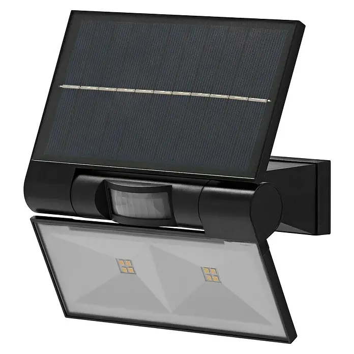 Osram Aplique solar para exterior Endura Flood - 2,9 W, L x An x Al: 16 x 11 x 17,2 cm, Gris, IP44, 380 lm, Color de luz: Blanco cálido - Imagen de una lámpara solar negra con sensor de movimiento y luces LED, perfecta para uso exterior, ecológica y de ahorro energético.