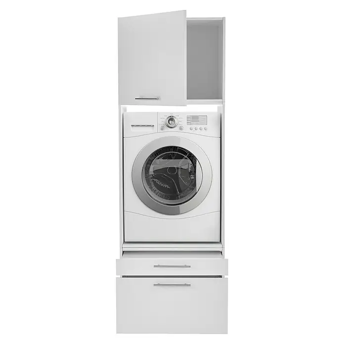 Respekta Waschmaschinenschrank Clara - L x B: 67,6 x 117,4 cm, Weiß, Mit Waschmaschinenschrank & Hochschrank - Ein hochauflösendes Bild einer weißen Waschmaschine mit darüber liegenden Schränken, ideal für die moderne Wäschepflege.