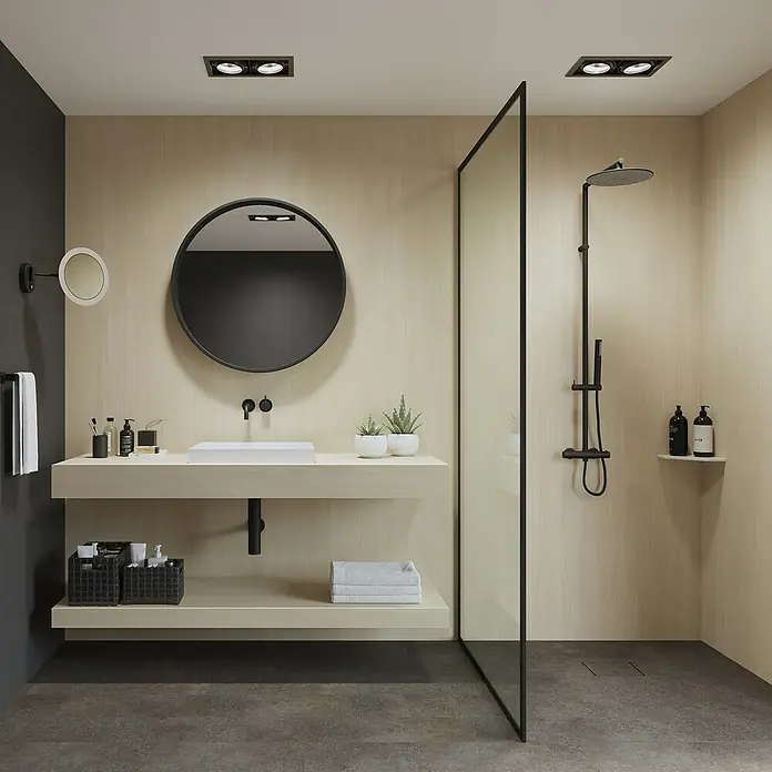 Wetwall Eckregal - L x B: 20 x 20 cm, Designer White - Elegantes Badezimmer mit moderner Waschtischkombination, runder Spiegel und stilvoller Duschkabine in Schwarz. Die perfekte Einrichtung für Ihr Zuhause!