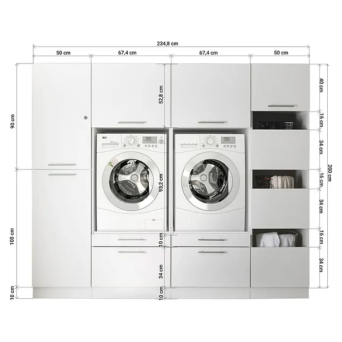 Respekta Waschmaschinenschrank Clara - L x B: 67,6 x 234,8 cm, Weiß, Mit zwei Waschmaschinenschränke, Wäscheschrank & Hochschrank - Eine Waschkücheneinrichtung mit Waschmaschinen, Schränken und Regalen in Weiß. Die Maße sind detailliert angegeben.