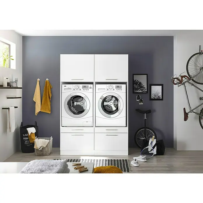 Respekta Waschmaschinenschrank Clara - L x B: 67,6 x 134,8 cm, Weiß, Mit zwei Waschmaschinenschränken - Weißer Waschtrockner mit integrierten Schränken und Schubladen, ideal für stilvolle Wäschepflege und Organisation im Hauswirtschaftsraum.