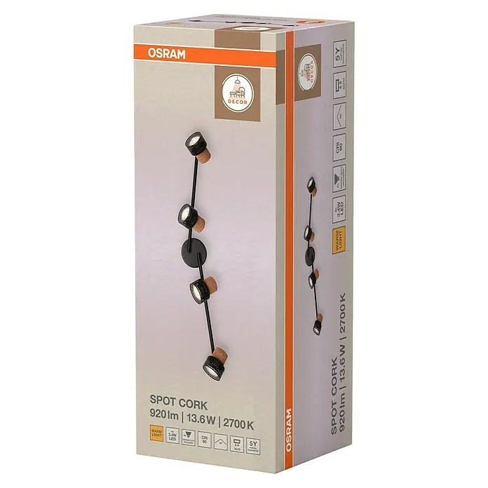 Osram Wandstrahler Spot Cork - 13,6 W, L x B x H: 81,3 x 10 x 14,5 cm, Schwarz, GU10, 4 Stk. - Produktverpackung der Osram Spot Cork Leuchte. Die Leuchte ist mit 4 Spots ausgestattet, die ein warmes Licht abgeben.