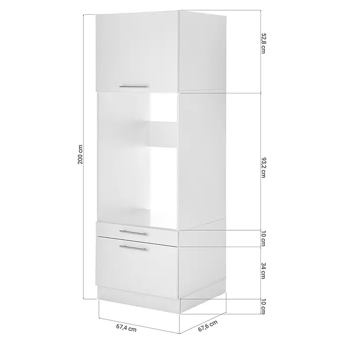 Respekta Waschmaschinenschrank Clara - L x B: 67,6 x 67,4 cm, Weiß, Waschmaschinenschrank - Produktansicht eines weißen Hochschranks mit mehreren Fächern und Schubladen, inklusive Maßangaben.