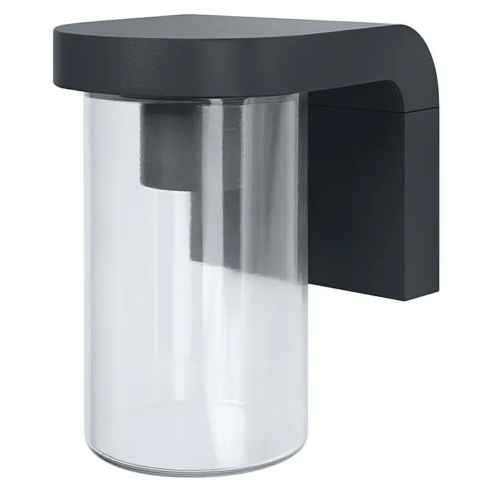 Osram Aplique exterior Cascade Wall - 16 x 12 x 18 cm, Plata, IP44 - Primer plano de una lámpara de pared exterior negra moderna con una pantalla cilíndrica transparente.