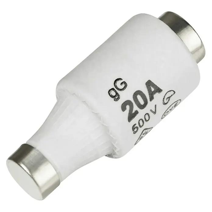ASS Diazed-Sicherung - 20 A, 500 V, E27, DII, 5 Stk. - Nahaufnahme einer Keramiksicherung 9G 20A 500V mit silbernen Endkappen auf schwarzem Hintergrund für Stromkreisschutz.