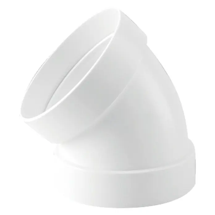 Codo redondo Tubpla - 120 mm, 45 ° - Esta imagen muestra un codo de PVC blanco, utilizado para aplicaciones de plomería o drenaje para cambiar la dirección de una tubería.