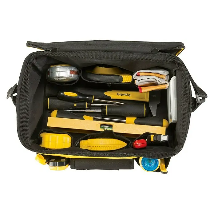 Stanley Bolsa para herramientas STS1- 73615 - Herramientas de mano, No incluye herramientas - Bolsa de herramientas llena de diversas herramientas como destornilladores, cintas métricas y un nivel de burbuja.