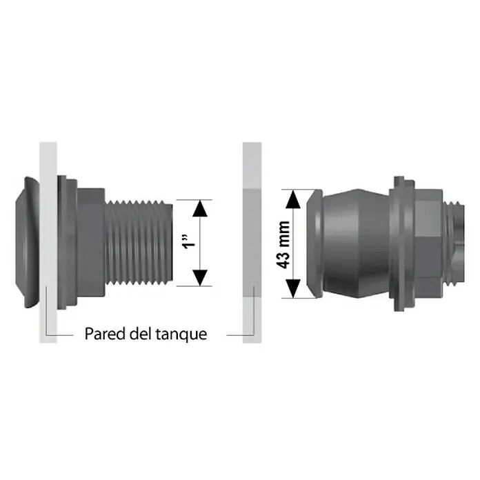 Conexión para depósito Rápido - 1″, Polietileno - Imagen de una conexión de tanque con detalles dimensionales. La conexión del tanque está hecha de material duradero y fácil de instalar.