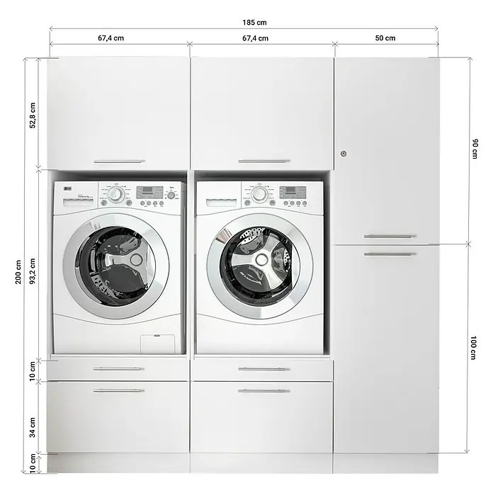 Respekta Waschmaschinenschrank Clara - L x B: 67,6 x 184,8 cm, Weiß, Mit zwei Waschmaschinenschränke & Hochschrank - Einbau-Waschküche mit Waschmaschine, Trockner und viel Stauraum. Optimal für kleine Räume mit Stil.