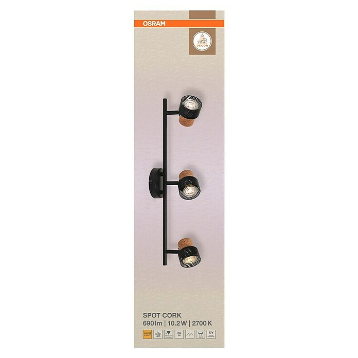 Osram Foco de pared Cork (10,2 W, L x An x Al: 57,7 x 10 x 13,6 cm, Negro, GU10, 3 ud.) | BAUHAUS
