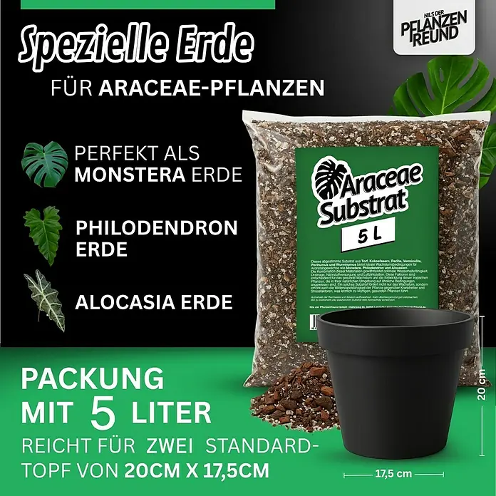 Pflanzensubstrat Araceaesubstrat - 5 l - Spezielle Erde für Araceae-Pflanzen, ideal für Monstera, Philodendron und Alocasia. 5 Liter Packung für zwei Standard-Töpfe.