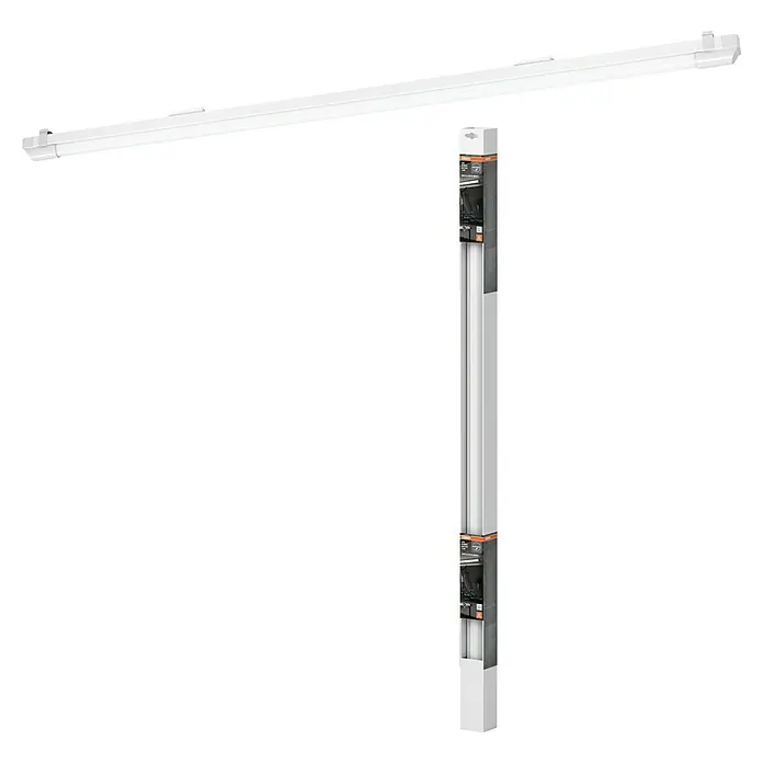Osram LED-Lichtleiste Power Batten - L x B x H: 120 x 4,1 x 4,8 cm, Lichtfarbe: Kaltweiß, 24 W, 220 V - 240 V - Produktaufnahme: Lichtleiste mit zwei Verpackungen, die an der Seite befestigt sind, präsentiert in einem Studio-Setup.