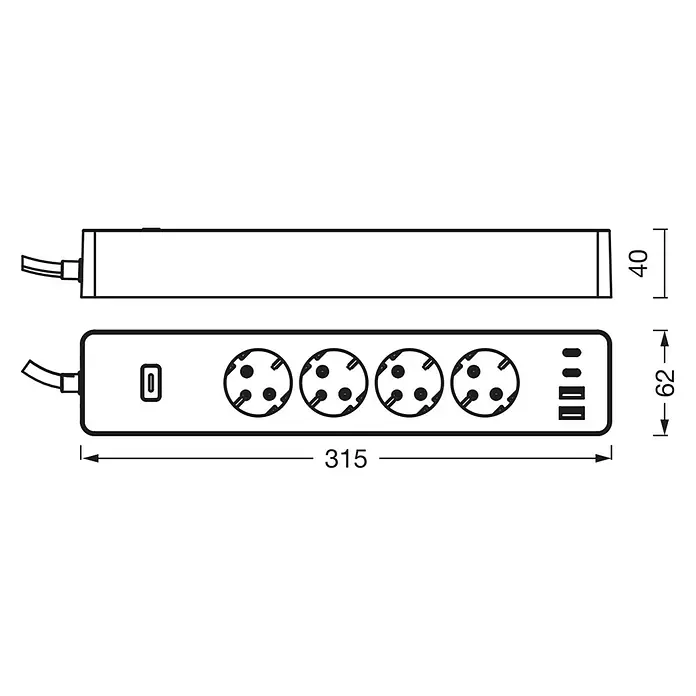 Osram Smart+ Smart-Steckdosenleiste 2. Gen. 2 USB-A, 2 USB-C - Weiß - Technische Zeichnung einer Mehrfachsteckdose mit vier Steckplätzen, USB-Anschlüssen und Bemaßungen für Design und Planung.