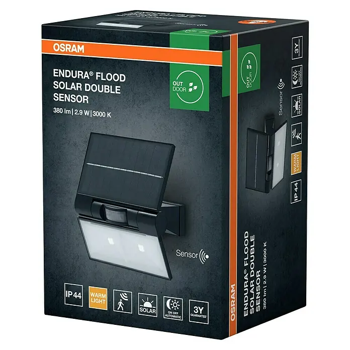 Osram Aplique solar para exterior Endura Flood - 2,9 W, L x An x Al: 16 x 11 x 17,2 cm, Gris, IP44, 380 lm, Color de luz: Blanco cálido - Primer plano del embalaje de un foco Osram Endura Flood Solar Double Sensor, que promete una solución de iluminación exterior sostenible.