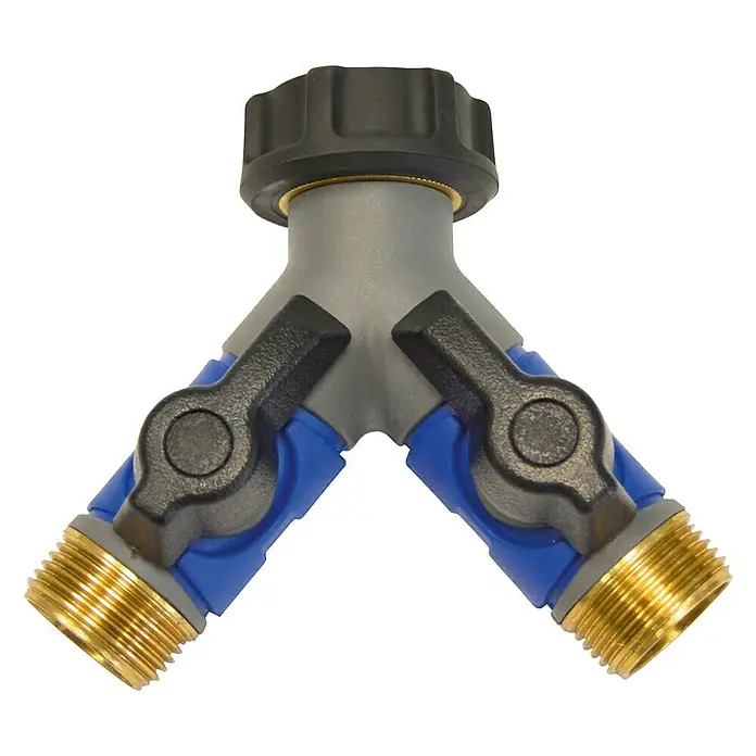 Orbit Conexión para grifo doble - ¾″ - Conector de manguera de jardín en forma de Y con conexiones de latón duraderas y válvulas ajustables para controlar el flujo de agua.