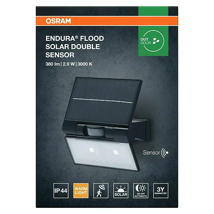 Osram Aplique solar para exterior Endura Flood - 2,9 W, L x An x Al: 16 x 11 x 17,2 cm, Gris, IP44, 380 lm, Color de luz: Blanco cálido - Imagen de una luz exterior OSRAM Endura Flood Solar Double Sensor con sensor de movimiento, ideal para la iluminación exterior.