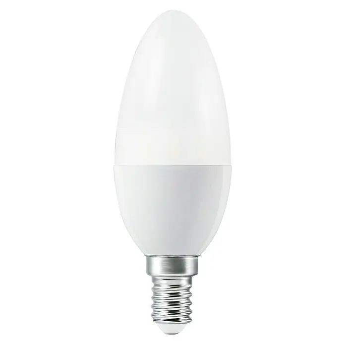 Osram Smart+ Smart-LED-Lampe Kerze matter - E14, Dimmbar, RGBW, 470 lm, 4,9 W, 3 Stk. - Nahaufnahme einer matten, tropfenförmigen LED-Lampe mit einem silbernen Schraubsockel vor einem dunklen Hintergrund.