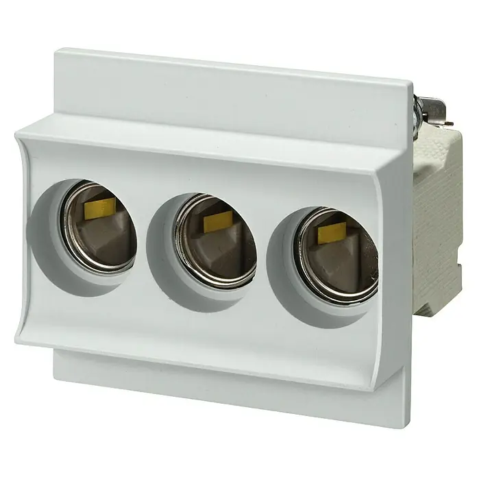 Siemens Neozed-Sockel Sentron 5SG5553 - 16 A, 400 V, Polanzahl: 3 Stk., Größe: D01 - Nahaufnahme einer weißen, dreifachen GU4/MR11 Niedervolt-Lampenfassung, die ein elegantes und funktionelles Design für Beleuchtungslösungen bietet.