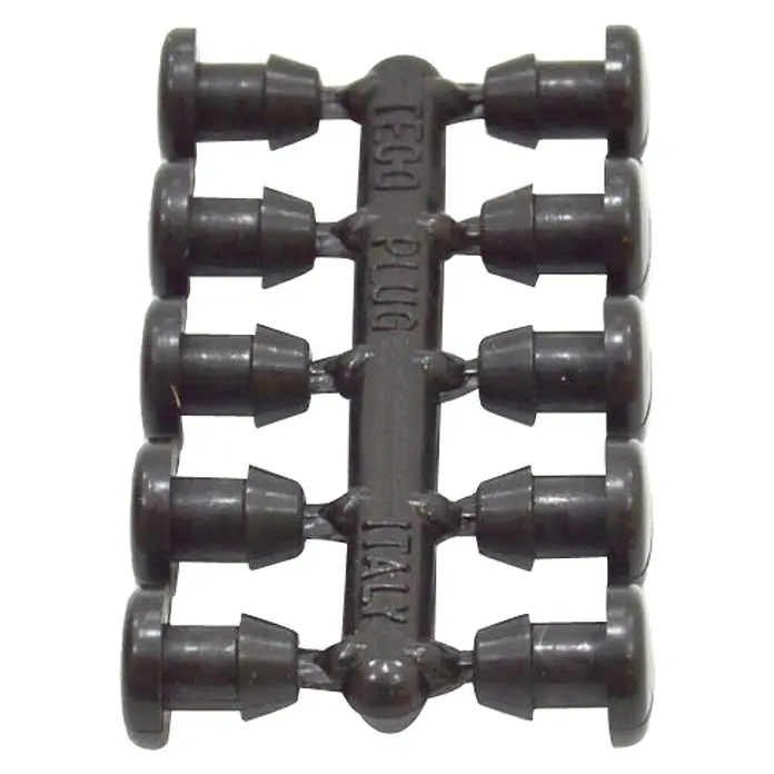 Tapón final Goteo - Diámetro: 4 mm, 10 ud. - Primer plano de una tira de plástico marrón TECO PLUG con ocho tapones, fabricada en Italia.