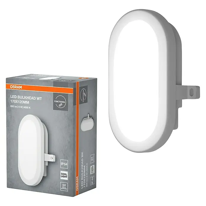 Osram LED-Außenwandleuchte Bulkhead - 5,5 W, 117 x 16,8 x 70 cm, Weiß, IP54 - Abbildung einer Osram LED-Feuchtraumleuchte mit Schutzart IP44 und IP54, ideal für den Außenbereich oder Feuchträume.