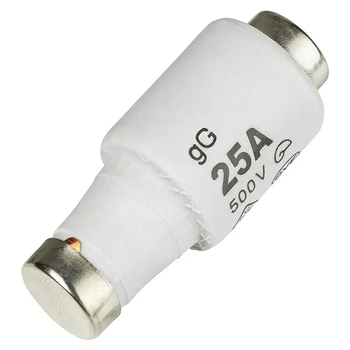 ASS Diazed-Sicherung - 25 A, 500 V, E27, DII, 5 Stk. - Nahaufnahme einer weißen 25A/500V gG Sicherung mit silbernen Endkappen vor schwarzem Hintergrund.