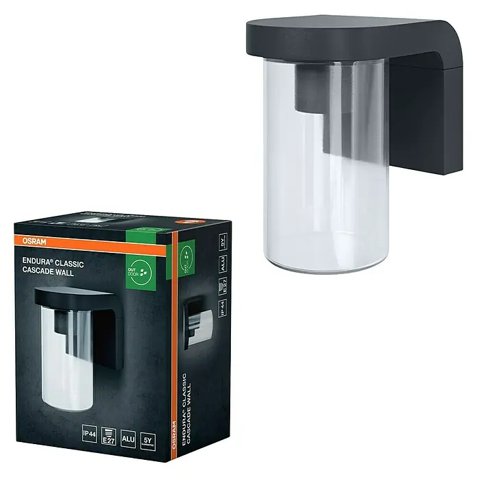Osram Aplique exterior Cascade Wall - 16 x 12 x 18 cm, Plata, IP44 - La imagen muestra la lámpara de pared Osram Endura Classic Cascade, una luminaria exterior elegante y resistente y su embalaje.