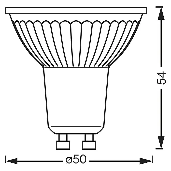 Osram Smart+ Smart-LED-Lampe matter - GU10, Dimmbar, Mehrfarbig, 350 lm, 4,7 W - Technische Zeichnung einer GU10 LED Lampe mit Abmessungen. Die Höhe beträgt 54mm, der Durchmesser 50mm.