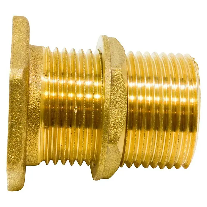 Conexión para depósito - Latón, Dimensión conexión: 1″ - Primer plano de un accesorio de niple de latón dorado con roscas, ideal para aplicaciones de plomería y que muestra su diseño robusto.