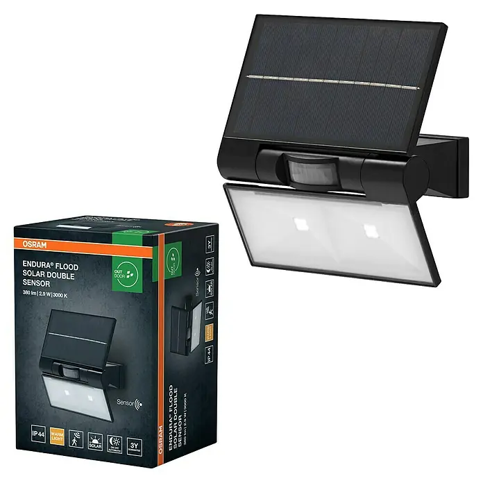 Osram Aplique solar para exterior Endura Flood - 2,9 W, L x An x Al: 16 x 11 x 17,2 cm, Gris, IP44, 380 lm, Color de luz: Blanco cálido - Imagen de una lámpara OSRAM Endura Flood Solar Double Sensor con detector de movimiento y panel solar, ideal para uso exterior.