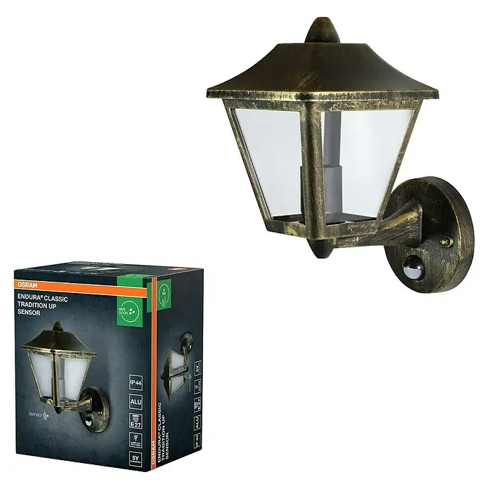 Osram Aplique exterior con sensor Endura - L x An x Al: 23 x 17 x 28 cm, IP44 - La imagen muestra la lámpara para exteriores OSRAM ENDURA® CLASSIC TRADITION UP SENSOR, una solución de iluminación elegante y funcional.