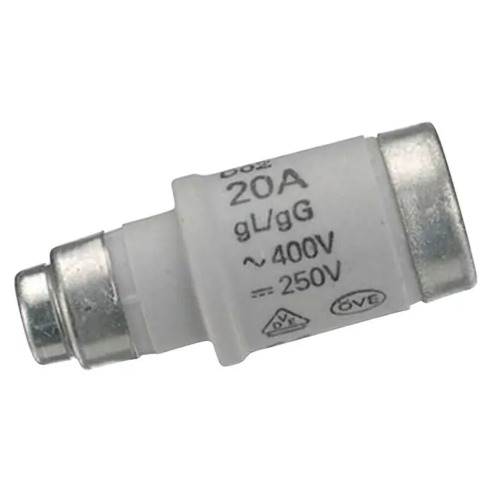Siemens Neozed-Sicherung Sentron 5SE2320 - 20 A, 400 V, Größe: D02, 10 Stk. - Nahaufnahme einer 20A-Sicherung, Typ gL/gG, mit Kennzeichnungen für ~400V und ==250V, für den Schutz elektrischer Schaltkreise.