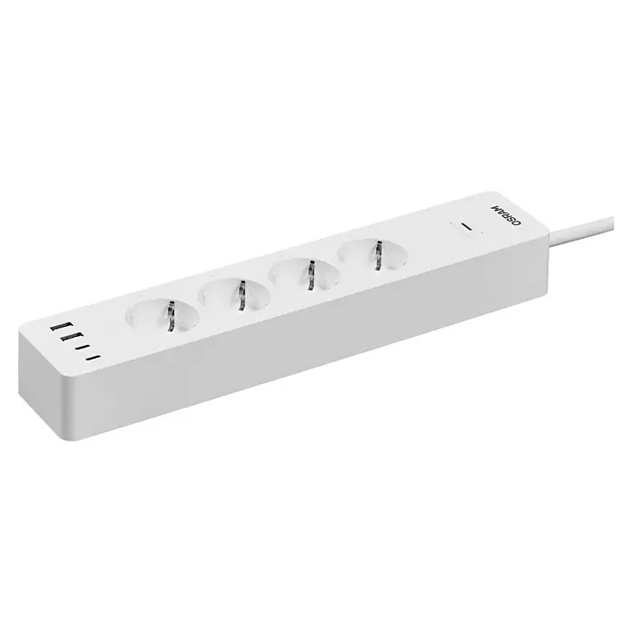Osram Smart+ Smart-Steckdosenleiste 2. Gen. 2 USB-A, 2 USB-C - Weiß - Weißer OSRAM Mehrfachstecker mit fünf Steckdosen und drei USB-Anschlüssen zur Stromversorgung verschiedener Geräte gleichzeitig.