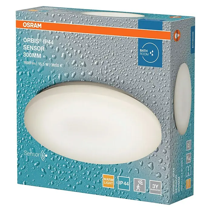 Osram LED-Sensor-Deckenleuchte rund Silara - 17 W, Ø x H: 30 x 8,5 cm, Warmweiß, Bad - Verpackung der OSRAM ORBIS® IP44 Sensorleuchte mit 300mm Durchmesser, ideal für Badezimmer.