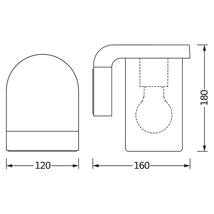 Osram Aplique exterior Cascade Wall - 16 x 12 x 18 cm, Plata, IP44 - Diagrama esquemático de una lámpara de pared con dimensiones de 120 x 160 x 180 mm, incluyendo una representación de la bombilla.