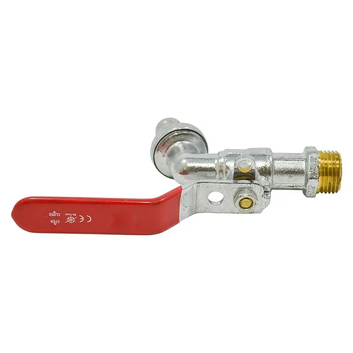 Grifo de esfera - Latón, ¾″/½″ - Grifo con mango rojo y pieza de conexión, ideal para tuberías de agua o instalaciones sanitarias. Diseño robusto para larga duración.