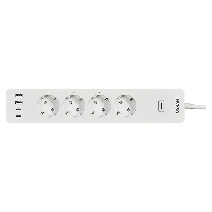 Osram Smart+ Smart-Steckdosenleiste 2. Gen. 2 USB-A, 2 USB-C - Weiß - Eine weiße Osram Steckdosenleiste mit vier Steckdosen, zwei USB-A und zwei USB-C Anschlüssen sowie einem Schalter und dem Osram Logo.